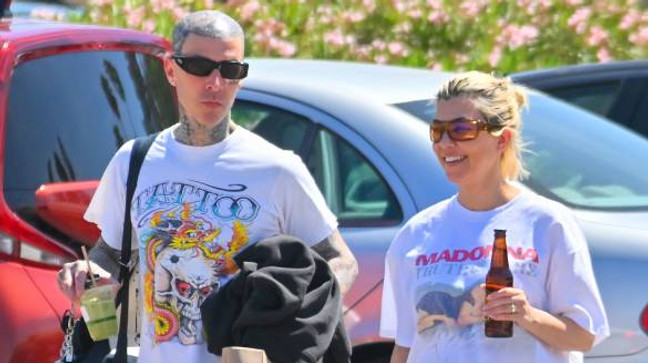 PALM DESERT, CA - APRIL 8: Travis Barker and Kourtney Kardashian are seen out and about on April 8, 2023 in Palm Desert, California. (Photo by MEGA/GC Images)