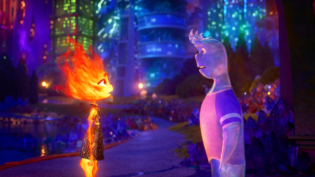 FIRE AND WATER Set in a city where fire-, water-, land-, and air-residents live together, Disney and Pixar Elemental introduces Ember, a tough, quick-witted and fiery young woman whose friendship with a fun, sappy, go-with-the-flow guy named Wade challenges her beliefs about the world they live in. Featuring the voices of Leah Lewis and Mamoudou Athie as Ember and Wade, respectively, Elementalreleases on June 16, 2023. © 2022 Disney/Pixar. All Rights Reserved.
